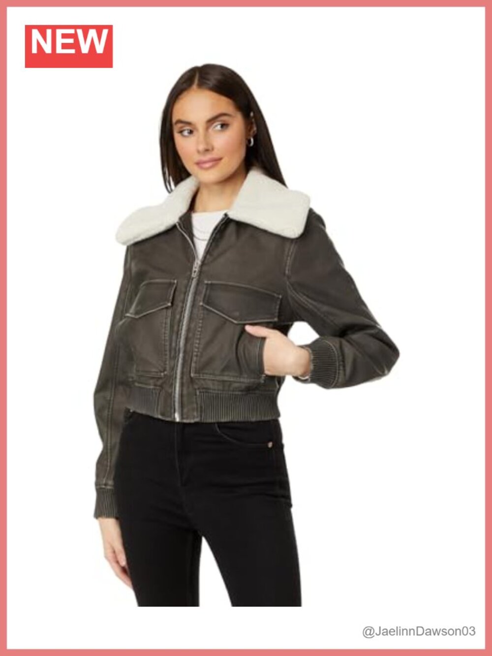 Faux Leather Bomber Jacket with Sherpa Collar Long Sleeve Fall Layering